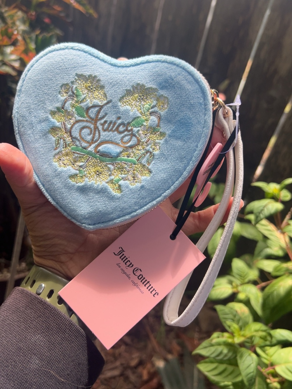 Juicy Couture Baby Blue Heart Wristlet with Gold Embroidery